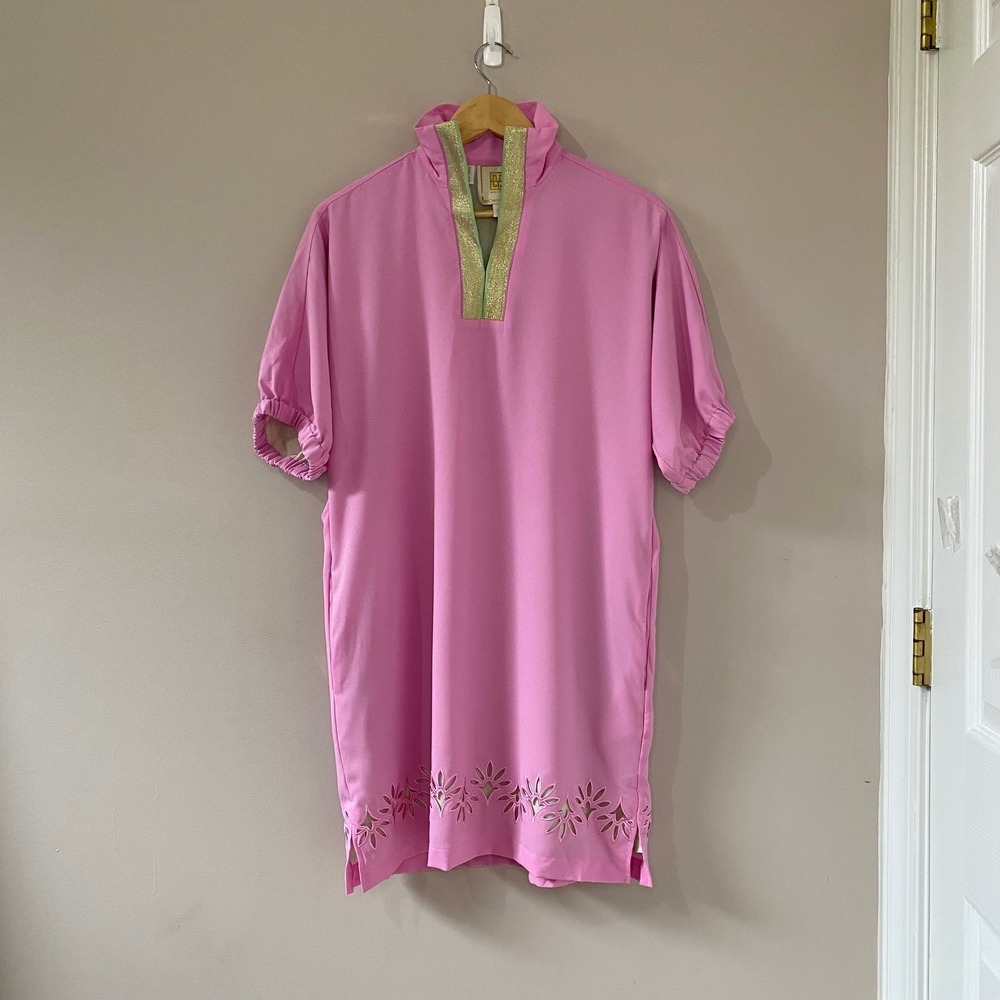 Emily McCarthy Pink Poppy Tunic Dress Laser Cut Scallop Hem XS Green Gold Trim - Picture 2 of 7